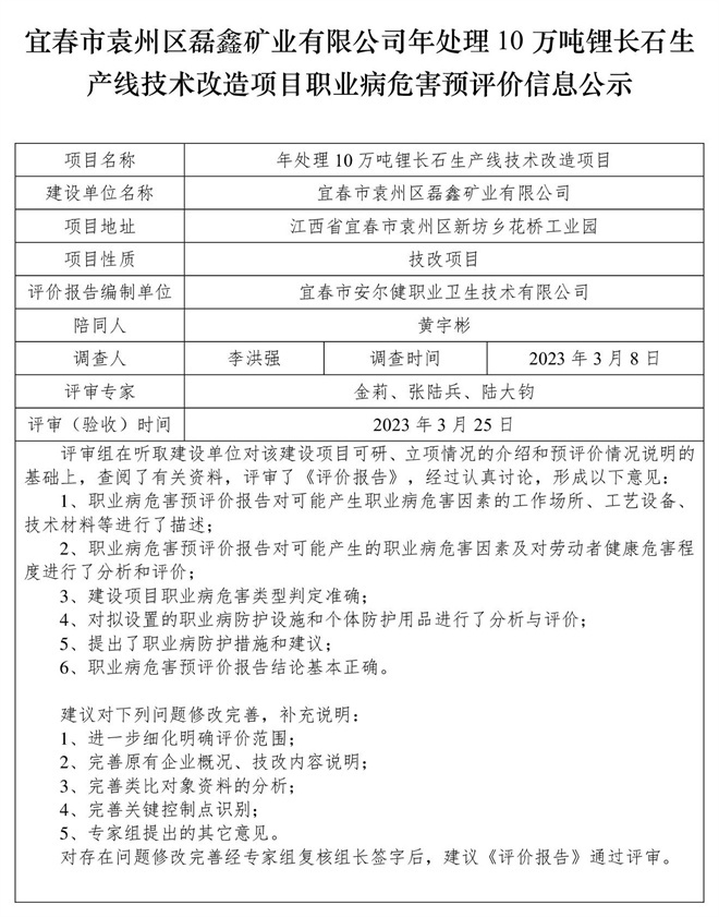 宜春市袁州區(qū)磊鑫礦業(yè)有限公司-年處理10萬噸鋰長石生產(chǎn)線技術(shù)改造項(xiàng)目-  職業(yè)病危害預(yù)評價(jià)信息公示(1).jpg